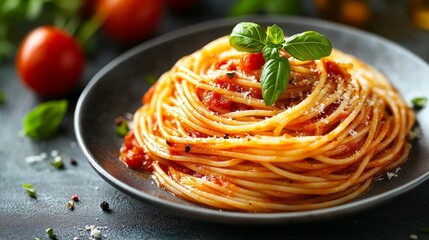 A plate of spaghetti with tomato sauce, basil, and parmesan cheese.