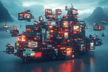 Poster - Futuristic autonomous and intelligent cargo container ships navigating a complex web of worldwide data streams and logistics networks illuminated by a vibrant futuristic color palette