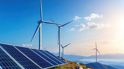 A scenic view of wind turbines and solar panels under a clear sky, showcasing renewable energy and sustainable technology.