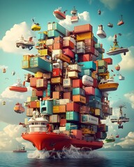 Poster - Towering cargo container ships of the future with advanced hull designs and intricate robotic loading mechanisms powering dynamic global supply chain visualizations and a retro futuristic aesthetic