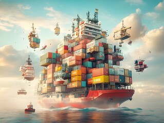 Poster - Massive cargo freighters navigating open ocean waters stacked with corrugated steel shipping containers equipped with advanced sensor arrays and digital tracking tools