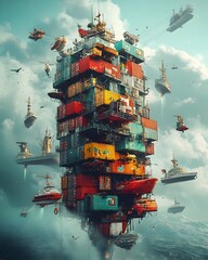 Poster - Towering cargo container ships of the future featuring advanced hull designs innovative propulsion systems and intricate robotic loading mechanisms