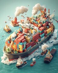 Poster - Futuristic cargo container ships with aerodynamic profiles gliding through swells powered by advanced hybrid propulsion systems enabling eco friendly global trade