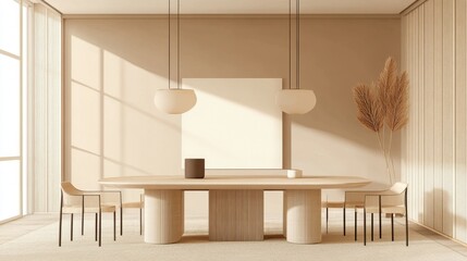 Wall Mural - Contemporary dining room with a custom beige table, a bold statement light fixture, and muted earthy tones creating a minimalist atmosphere.