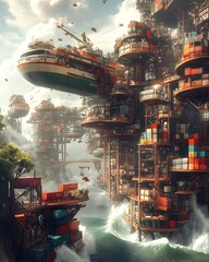 Poster - Visionary cargo container ships of the future with aerodynamic profiles gliding through swells advanced hybrid propulsion systems enabling eco friendly global trade