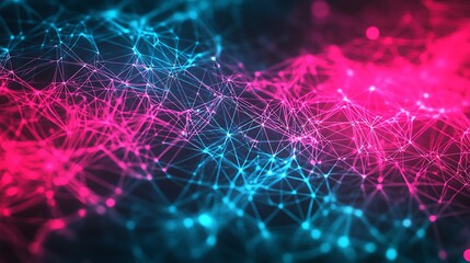 Aufkleber - An abstract visualization featuring interconnected nodes in vibrant pink and blue colors, illustrating a dynamic network or digital landscape.