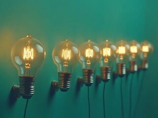 Row of Vintage Light Bulbs on Green Wall