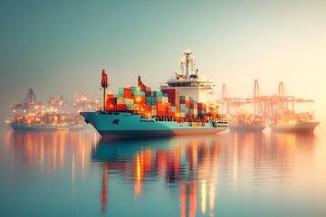 Poster - Cutting Edge Cargo Container Ships of Tomorrow Powered by Renewable Energy Seamlessly Traversing Tranquil Oceans Amidst a Network of High Tech Logistics Hubs and Modern Port Facilities with Towering