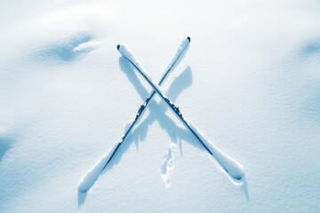 Poster - Two skis are crossed on a fresh blanket of snow, set against a peaceful winter landscape, highlighting a perfect skiing experience. Generative AI