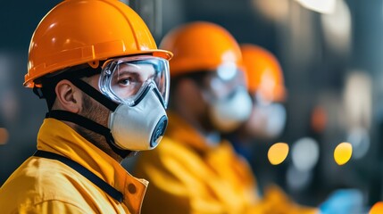 Workers wearing protective gear as they operate machines in a chemical plant, chemical production process, industrial safety