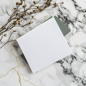A business card mockup design with a dark green and white color scheme design, on top of a marble surface, with golden lines design, a clean background design,