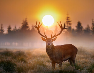 The sun between the horns of a deer. A deer with the sun between its horns