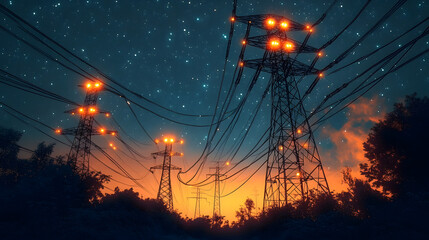 Electricity transmission towers with orange glowing wires the starry night sky. Energy infrastructure concept, energy, electricity, voltage, supply, pylon, technology