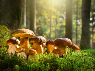 Many Boletus mushrooms on the ground in the forest