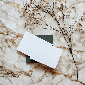 A business card mockup design with a dark green and white color scheme design, on top of a marble surface, with golden lines design, a clean background design,