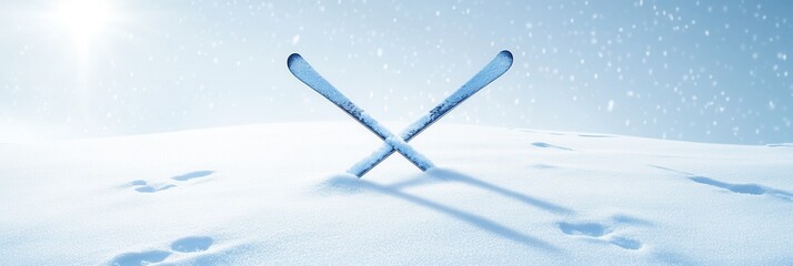 Poster - Two skis are crossed on a snow-covered surface, surrounded by soft snowflakes in a peaceful mountain setting under bright sunlight. Generative AI