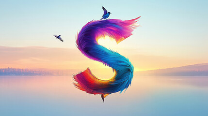 Poster - A colorful, feathered letter 'S' floats over a tranquil lake at sunset, with two birds flying nearby.