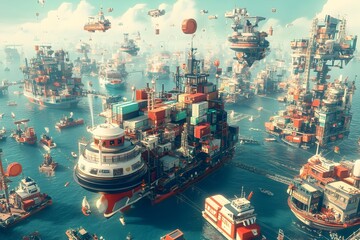 Poster - Cutting edge cargo container transport ships with modular and reconfigurable designs autonomous guidance systems and sustainable hybrid propulsion optimized for global supply chain efficiency
