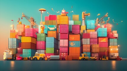 Poster - Futuristic cargo transport vessels utilizing advanced digital logistics software to streamline international supply chain massive stacked steel containers and precision engineering machinery for