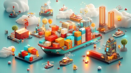 Poster - Sleek and streamlined futuristic cargo container transport vessels navigating an efficient global logistics network with real time data mapping and distribution in a dynamic