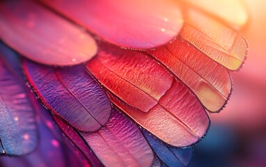 Poster - A vibrant close-up of colorful, overlapping feather-like structures with glowing hues of pink, purple, and blue.