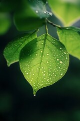 Sticker - Closeup of green leaves with raindrops, fresh, dewy, natural background