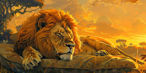 A regal lion resting on a comfortable cushion in a big cat sanctuary, his mane reflecting shades of orange and gold.