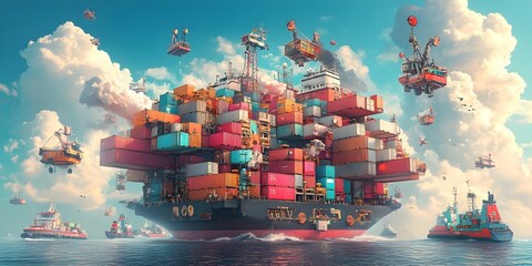 Poster - Colossal cargo container vessels cutting edge maritime engineering renewable energy and AI driven logistics to seamlessly integrate international commerce and logistics