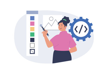 Fototapete - Design development concept in modern flat design for web. Woman prototyping wireframe layout, coding, selecting colour swatches, creating graphic content for homepage template. Vector illustration.