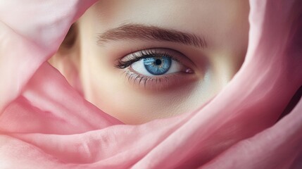 Fototapete - A woman with a captivating blue eye gazes through soft pink fabric, highlighting her delicate features and unique expression. Generative AI