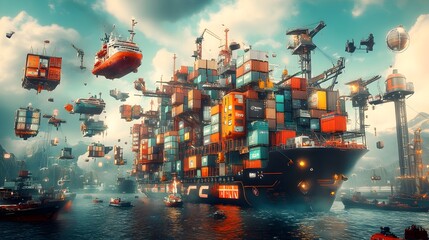 Poster - Pioneering cargo container vessels deploying cutting edge technology to elevate global logistics visualizing worldwide trade flows and distribution infrastructure through dynamic futuristic