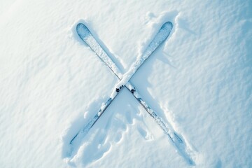 Poster - Crossed skis rest on a pristine layer of snow, creating a serene winter setting perfect for skiing activities and enjoyment. Generative AI