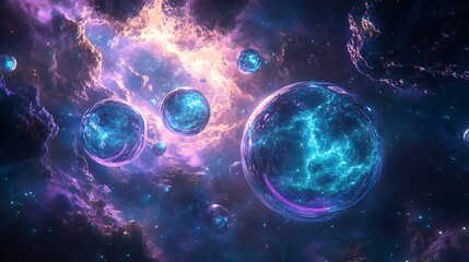 Poster - A vibrant cosmic landscape featuring colorful celestial orbs floating in a nebula of swirling pink, blue, and purple hues.