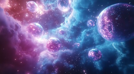Poster - A vibrant cosmic scene featuring colorful planets surrounded by swirling nebulae and starry backgrounds.