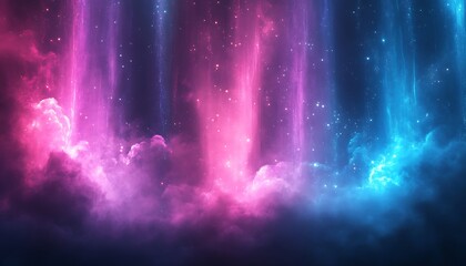 Poster - A vibrant display of glowing pink and blue elements, suggesting a mystical, dreamy atmosphere with swirling clouds and light particles.