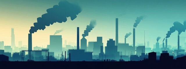 Minimalist industrial skyline featuring streamlined factory silhouettes, prominent smokestacks, understated urban aesthetic.