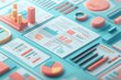 © ZpongXED - Colorful data visualization elements arranged on a blue background, including charts, graphs, and reports for effective analysis.