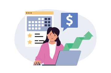 Poster - Digital business concept in modern flat design for web. Woman analyzing financial graph with arrow growth trend, creating development strategy, doing content plan in calendar. Vector illustration.
