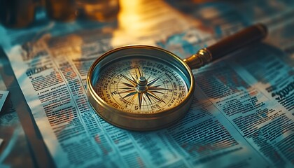 Poster - A vintage magnifying glass rests on a newspaper, illuminated by warm light, suggesting exploration and discovery.