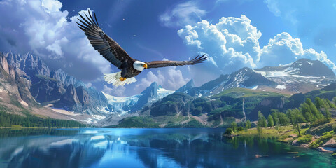 A majestic bald eagle soaring high above a crystal-clear mountain lake, its white head and tail contrasting against the blue sky.