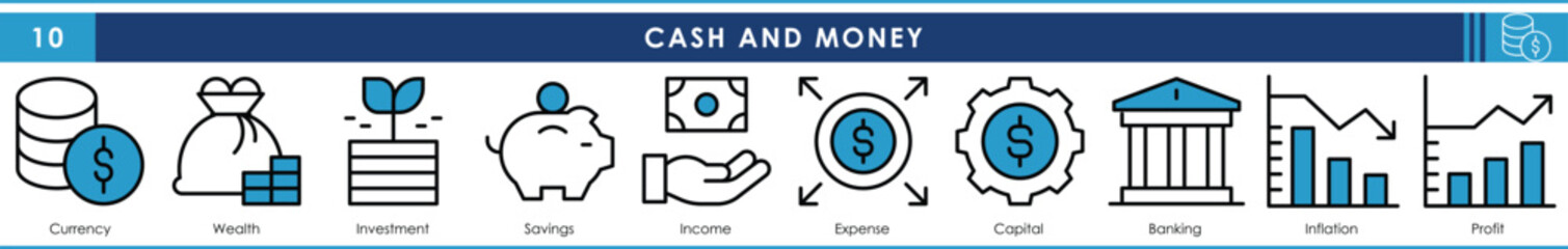 Wall Mural - A set of line icons related to Cash and Money. Currency, wealth, investment, savings, income, expense, capital, banking, and so on. Vector editable stroke.