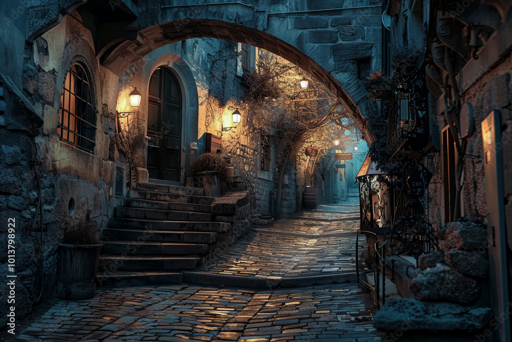 Quiet cobblestone street in a historic town at night, illuminated by ...
