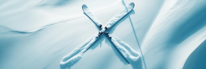 Poster - Skis are positioned in an X shape on fresh, untouched snow under bright winter sunlight. Generative AI
