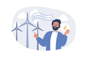 Aufkleber - Ecology concept in modern flat design for web. Man with eco friendly lifestyle and environment mindset using clean green and renewable energy with wind turbines generator station. Vector illustration.