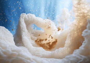 Poster - A detailed animation of water on a blue background, with a white fabric featuring a knitted texture and many intricate details. In the center of an abstract design made from numerous small