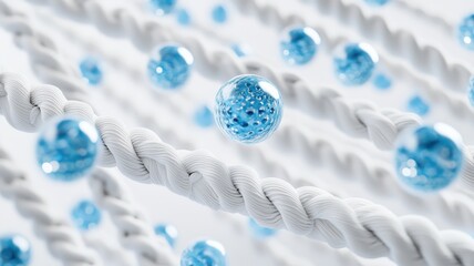 Poster - A large number of white braided yarn, with blue glass balls floating in the air between them. The background is pure and clean. White color tone, simple style, 3D rendering effect