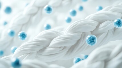 Poster - A large number of white braided yarn, with blue glass balls floating in the air between them. The background is pure and clean. White color tone, simple style, 3D rendering effect
