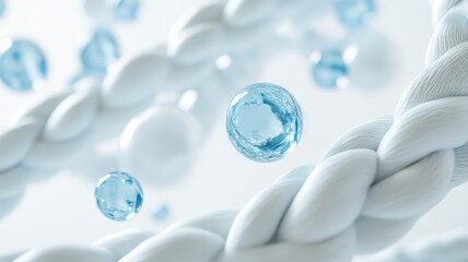 Poster - A large number of white braided yarn, with blue glass balls floating in the air between them. The background is pure and clean. White color tone, simple style, 3D rendering effect