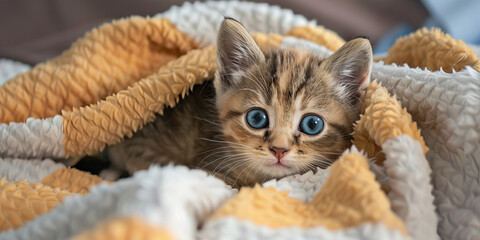 A cute little kitten with big blue eyes, curled up on a cozy blanket, receiving veterinary care for a minor injury.