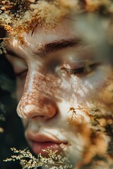 Sticker - Close up of a woman's face with nature pattern overlay, beauty and nature concept